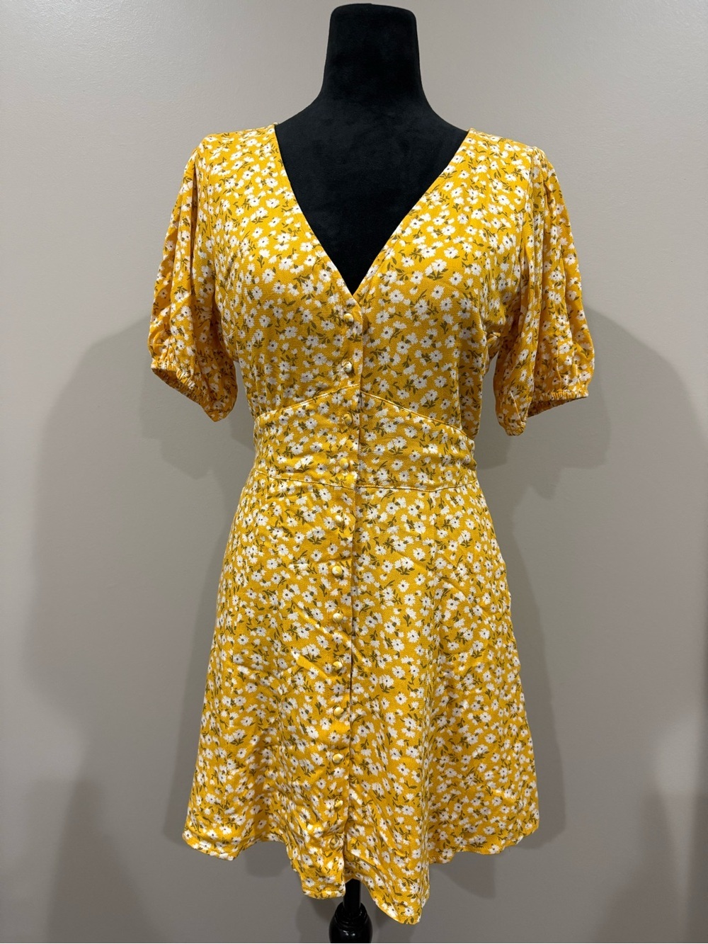 Abercrombie & Fitch Floral Button Front Cinched Front Puff Sleeve Mini Dress